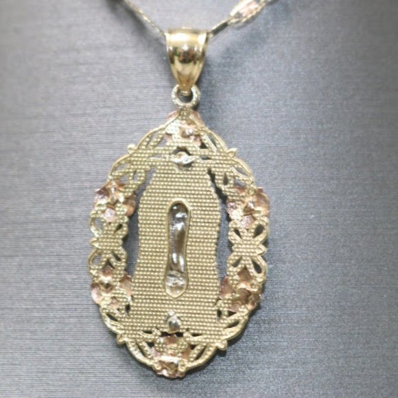 14kt Flowers Virgin Mary Engraved Pendant with 14kt Tri-tone Hollow Trace Chain